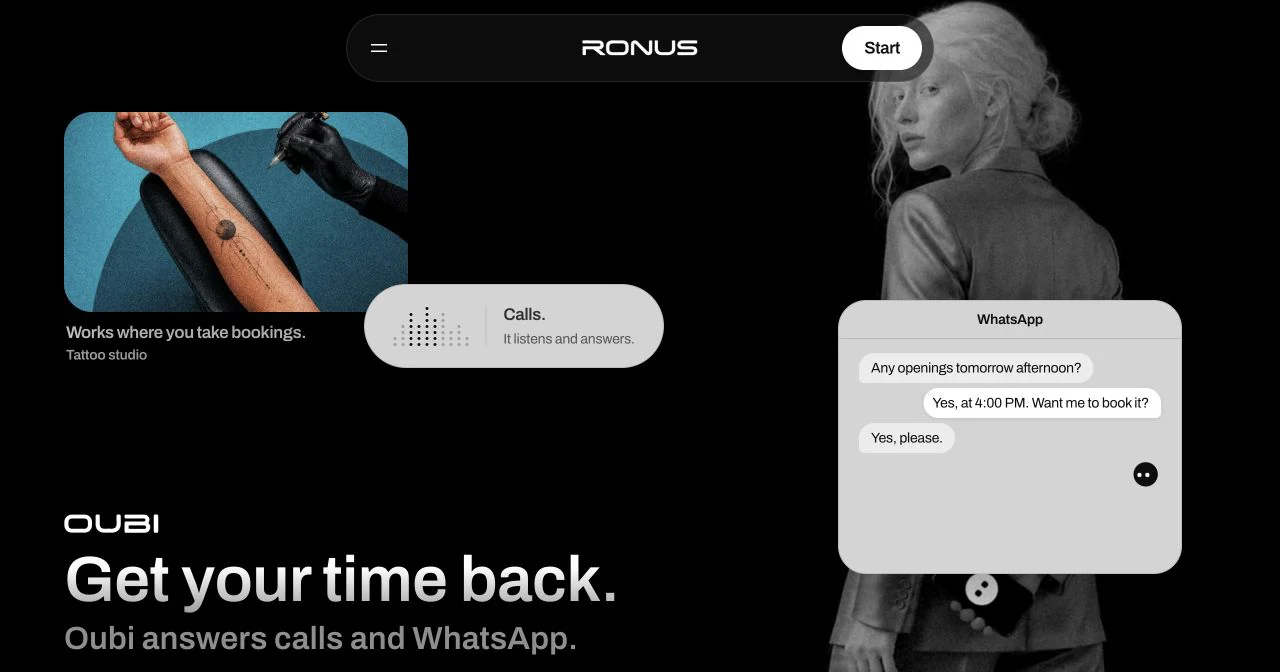 Página de RONUS con sus módulos de negocios, llamadas y WhatsApp